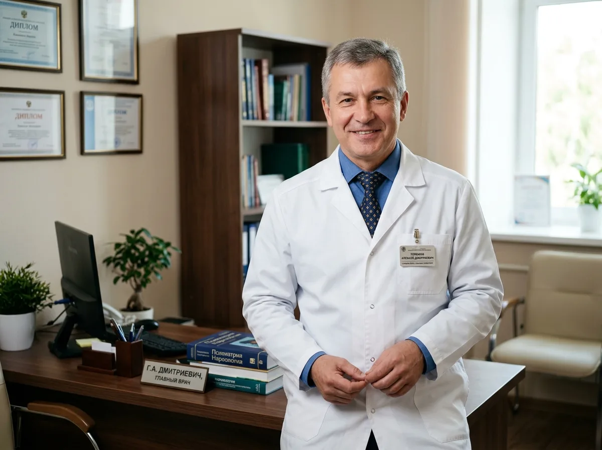 Горшков Алексей Дмитриевич — главный врач, психиатр-нарколог, в белом халате, профессиональный портрет в медицинском кабинете