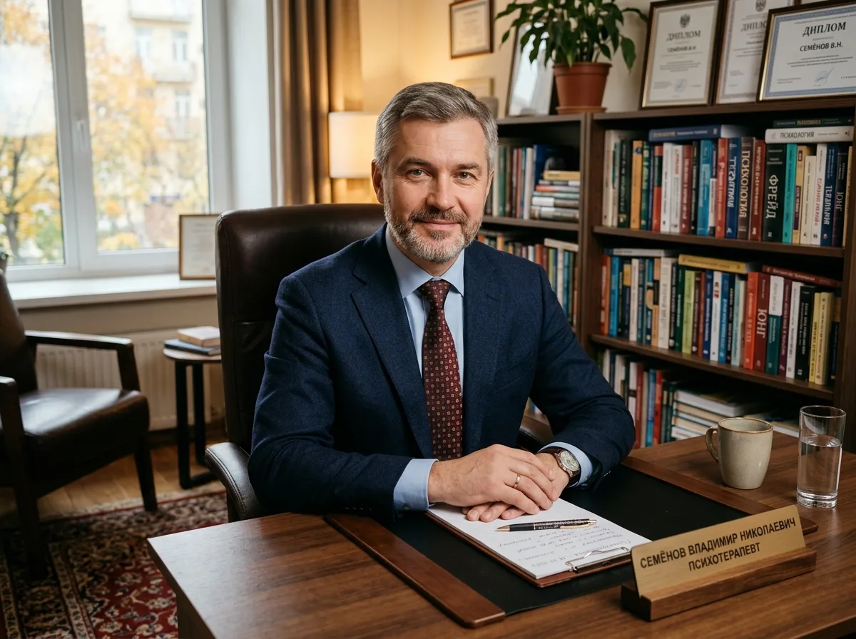 Семёнов Владимир Николаевич — психотерапевт, мужчина средних лет в деловом костюме, спокойный и уверенный вид, кабинет психотерапевта
